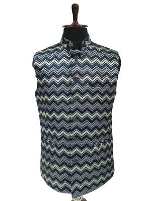 Navy blue chevron zigzag pattern art silk nehru jaket 2