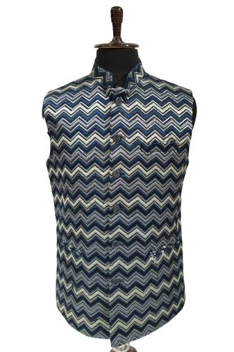 Navy blue chevron zigzag pattern art silk nehru jaket