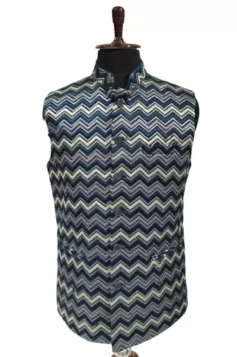 Navy blue chevron zigzag pattern art silk nehru jaket