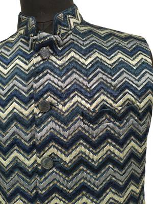 Navy blue chevron zigzag pattern art silk nehru jaket 4