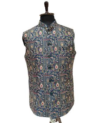 Indigo blue regal heritage art silk nehru jaket 2