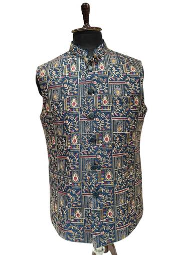 Indigo blue regal heritage art silk nehru jaket