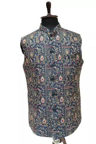 Indigo blue regal heritage art silk nehru jaket