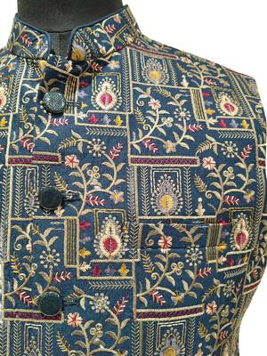 Indigo blue regal heritage art silk nehru jaket 3