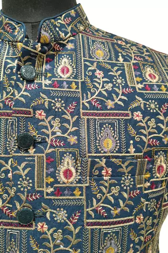 Indigo blue regal heritage art silk nehru jaket