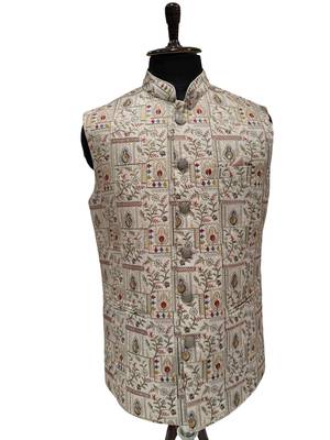 Beige regal heritage art silk nehru jaket 2