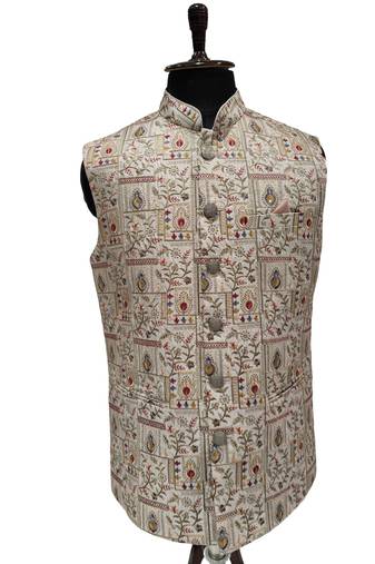 Beige regal heritage art silk nehru jaket