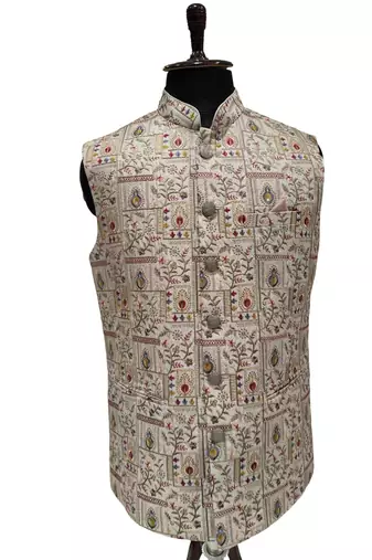 Beige regal heritage art silk nehru jaket