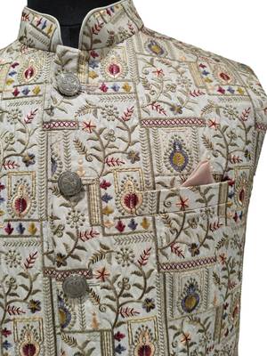 Beige regal heritage art silk nehru jaket 4