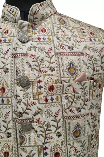 Beige regal heritage art silk nehru jaket