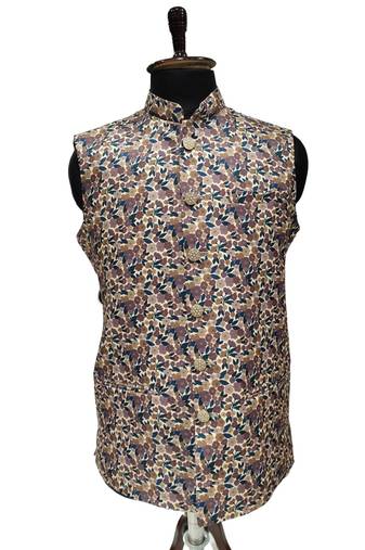 Multicolor vibrant all-over floral print art silk nehru jaket