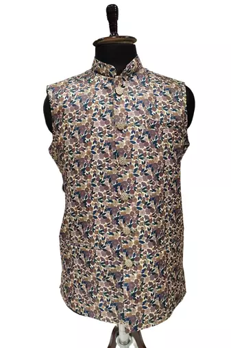 Multicolor vibrant all-over floral print art silk nehru jaket