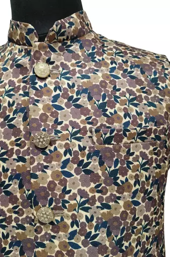 Multicolor vibrant all-over floral print art silk nehru jaket