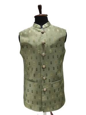 Mehndi green sage regalia art silk nehru jaket 2