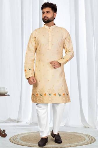 Royal cream silk jacquard embroidered kurta with cotton pajama for men