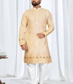 Royal cream silk jacquard embroidered kurta with cotton pajama for men