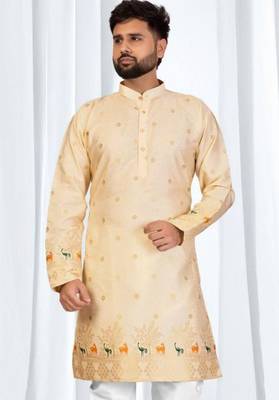 Royal cream silk jacquard embroidered kurta with cotton pajama for men 2