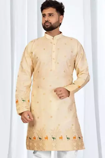Royal cream silk jacquard embroidered kurta with cotton pajama for men