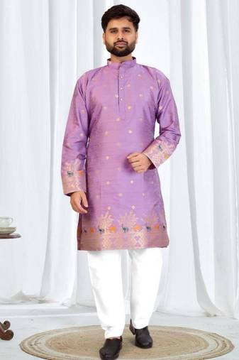 Majestic purple silk jacquard designer kurta with cotton pajama for men