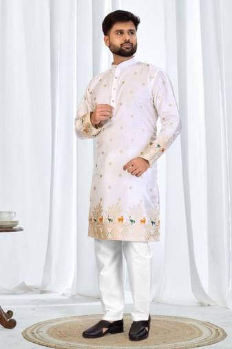 Classic white silk jacquard embroidered kurta with cotton pajama for men