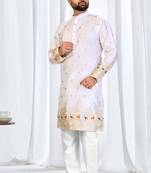 Classic white silk jacquard embroidered kurta with cotton pajama for men