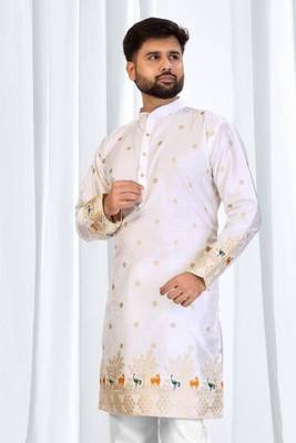 Classic white silk jacquard embroidered kurta with cotton pajama for men 2