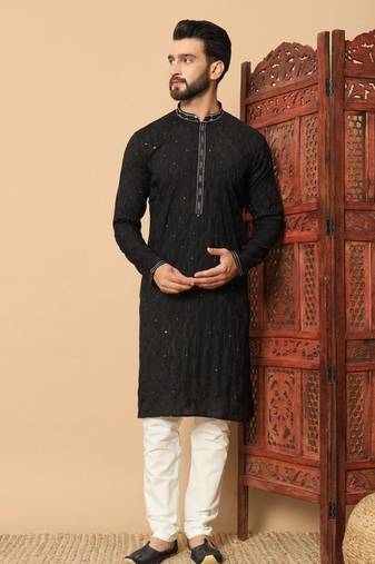 Black premium silk embroidered kurta with sequins work & raymond cotton pajama