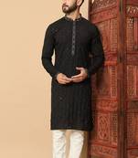 Black premium silk embroidered kurta with sequins work & raymond cotton pajama