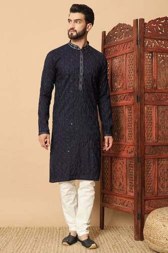 Blue premium silk embroidered kurta with sequins work & raymond cotton pajama
