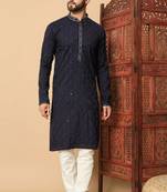 Blue premium silk embroidered kurta with sequins work & raymond cotton pajama