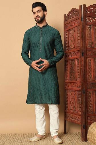 Green premium silk embroidered kurta with sequins work & raymond cotton pajama