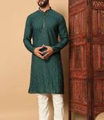 Green premium silk embroidered kurta with sequins work & raymond cotton pajama