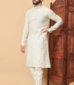 Elegant white premium silk embroidered sequins work kurta with raymond cotton pajama for men