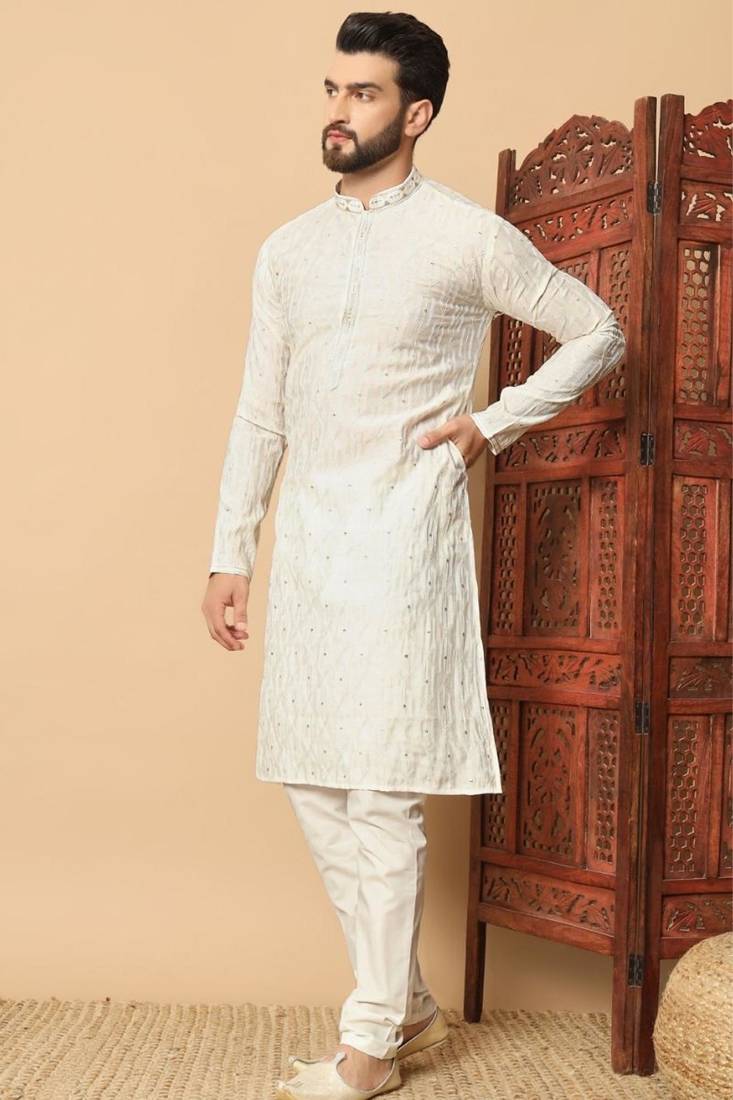 Elegant white premium silk embroidered sequins work kurta with raymond cotton pajama for men