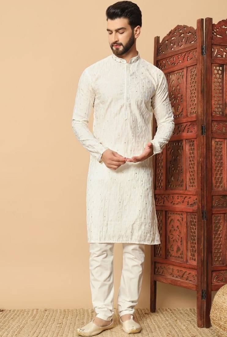 Elegant white premium silk embroidered sequins work kurta with raymond cotton pajama for men