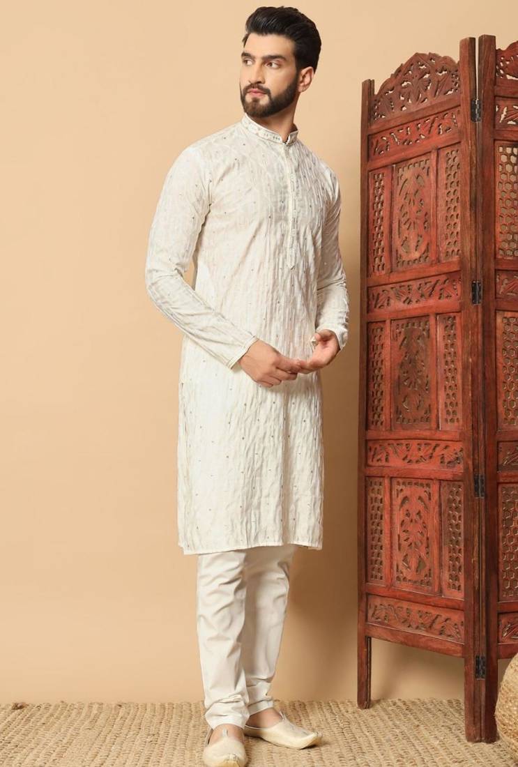 Elegant white premium silk embroidered sequins work kurta with raymond cotton pajama for men
