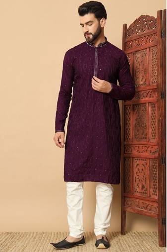 Royal wine premium silk embroidered sequins work kurta with raymond cotton pajama for men