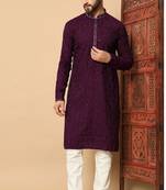 Royal wine premium silk embroidered sequins work kurta with raymond cotton pajama for men