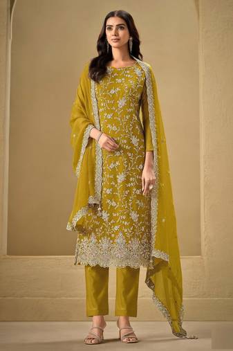 Mustard embroderied silk semi-stitched salwar suit
