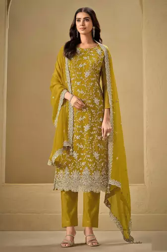 Mustard embroderied silk semi-stitched salwar suit