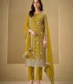 Mustard embroderied silk semi-stitched salwar suit