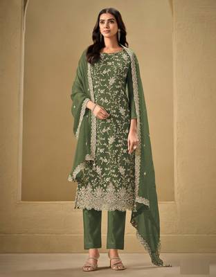 Mehndi embroderied silk salwar suit 1