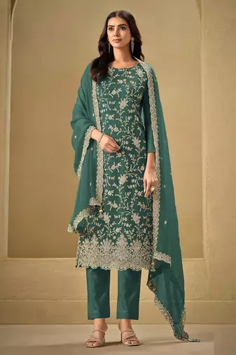 Teal green embroderied silk salwar suit