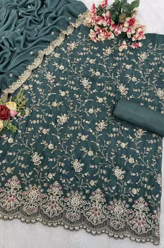 Teal green embroderied silk salwar suit