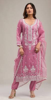 Pink embroderied silk semi-stitched salwar suit 1