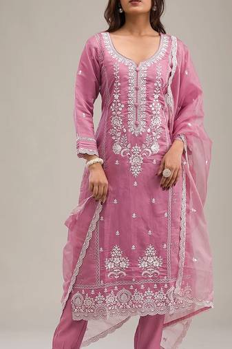 Pink  embroderied silk semi-stitched salwar suit