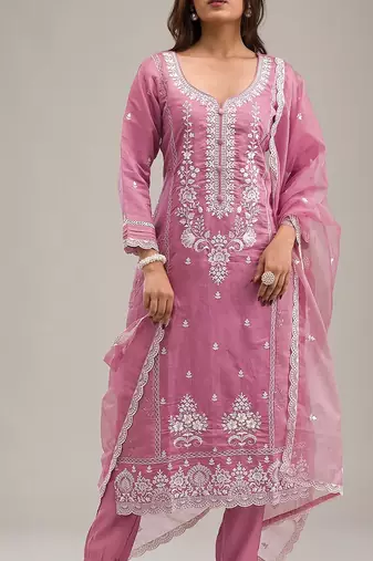 Pink  embroderied silk semi-stitched salwar suit