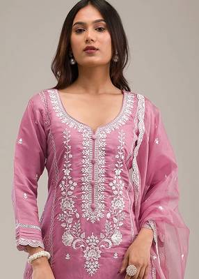 Pink embroderied silk semi-stitched salwar suit 2