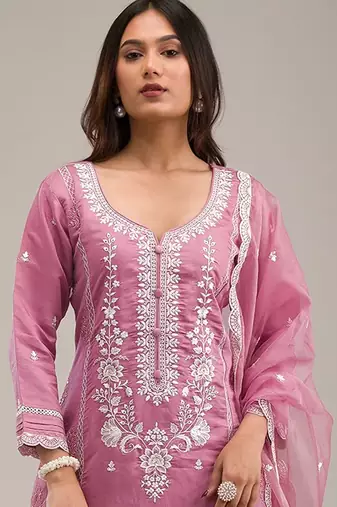 Pink embroderied silk semi-stitched salwar suit