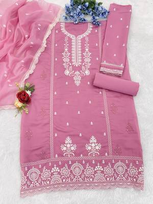 Pink embroderied silk semi-stitched salwar suit 3